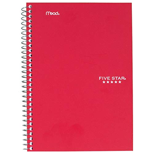 ''Five Star Spiral NOTEBOOK, 2 Subject, College Ruled Paper, 100 sheets, 9-1/2'''' x 6'''', Red (72281)''