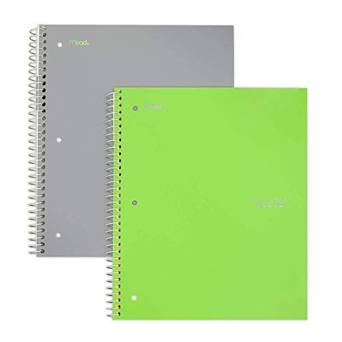 ''Five Star Spiral NOTEBOOKs, 5 Subject, College Ruled Paper, 200 Sheets, 11'''' x 8-1/2'''', Gray, Lime,