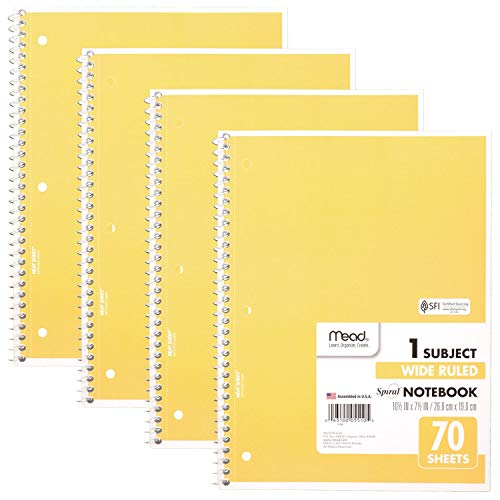 ''Mead Spiral Notebooks, 1 Subject, Wide Ruled Paper, 70 SHEETS, 10-1/2 x 7-1/2 inches, Yellow, 4 Pac