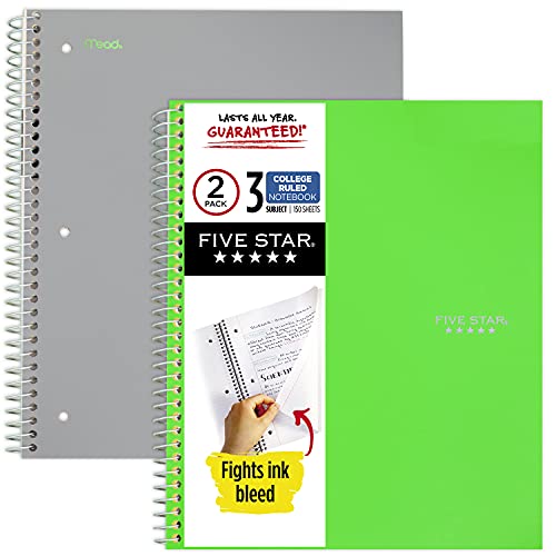 ''Five Star Spiral Notebooks, 3 Subject, College Ruled Paper, 150 SHEETS, 11'''' x 8-1/2'''', Gray, Lime,