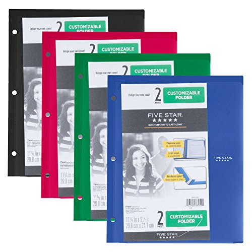''Five Star 2 Pocket Folder, Customizable Cover, Folder with Pockets, Fits 3 RING Binder, Plastic, Bl