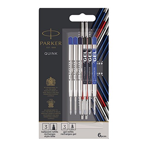 Parker Jotter London Refills Discovery Pack: 3 Quinkflow Refills for Ballpoint PENs & 3 Quink Gel Re