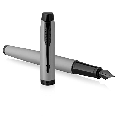 PARKER IM Fountain PEN | Matte Grey with Black Trim | Fine Point with Blue Ink Cartridge | Gift Box