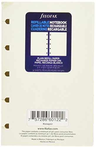 ''Filofax NOTEBOOKs Pocket Plain Journal Refill, Movable, 5 1/2 x 3 1/2 inches, 32 Cream Sheets Fits 