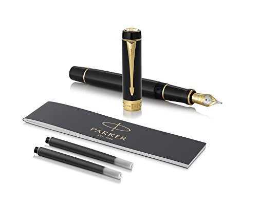 ''PARKER Duofold Centennial Fountain PEN, Classic Black with Gold Trim, Fine Solid Gold Nib, Black In