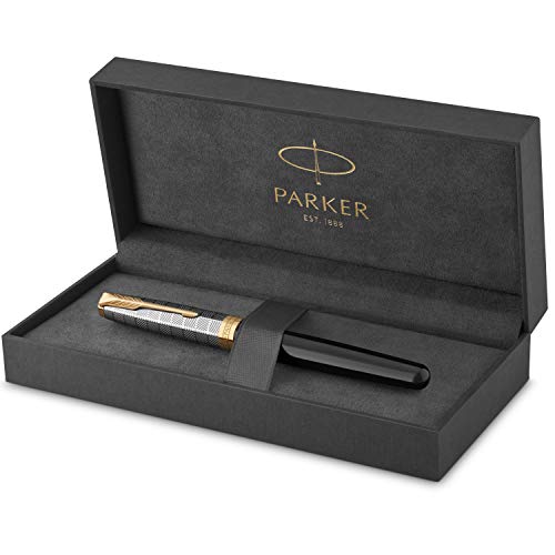PARKER Sonnet Fountain PEN | Premium Metal and Black Gloss Finish with Gold Trim | Medium 18k Gold N