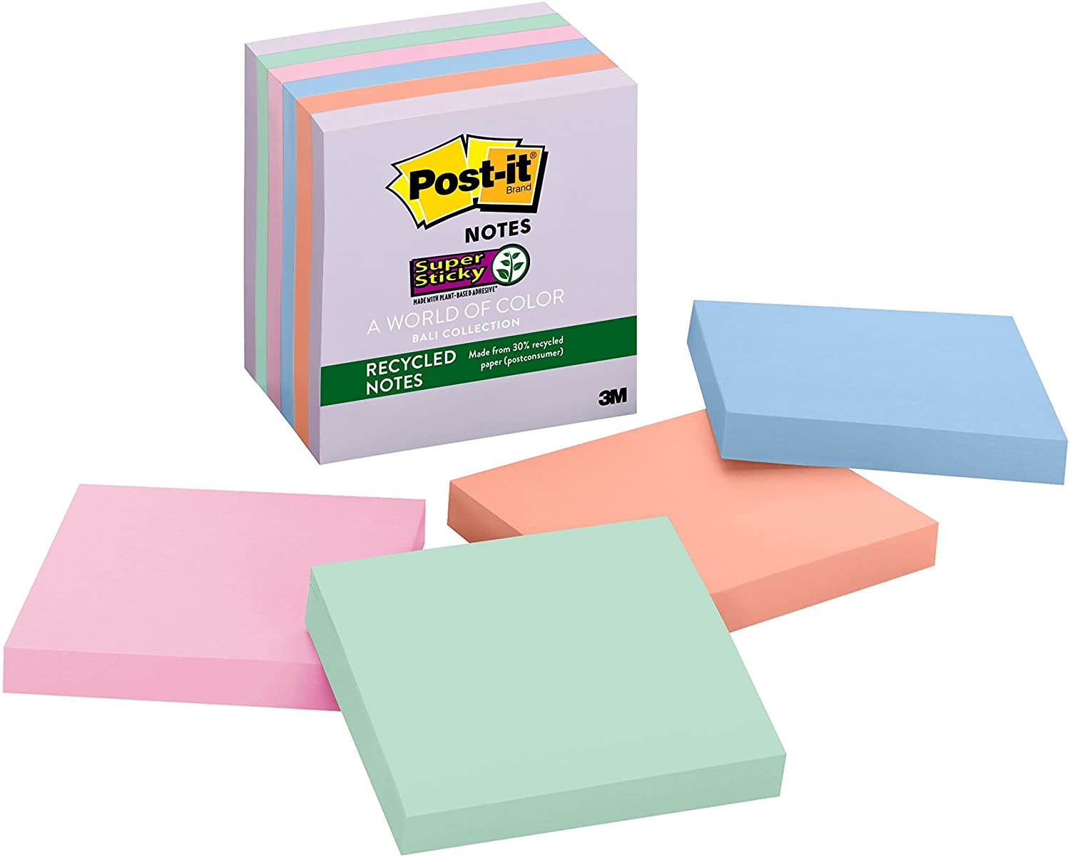 ''POST-IT Super Sticky Recycled NOTES, 3x3 in, 6 Pads, 2x the Sticking Power, Bali Collection, Pastel