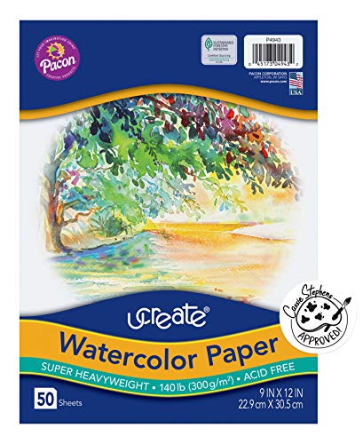 ''UCreate Watercolor Paper, White, Package, 140 lb., 9'''' x 12'''', 50 SHEETS''