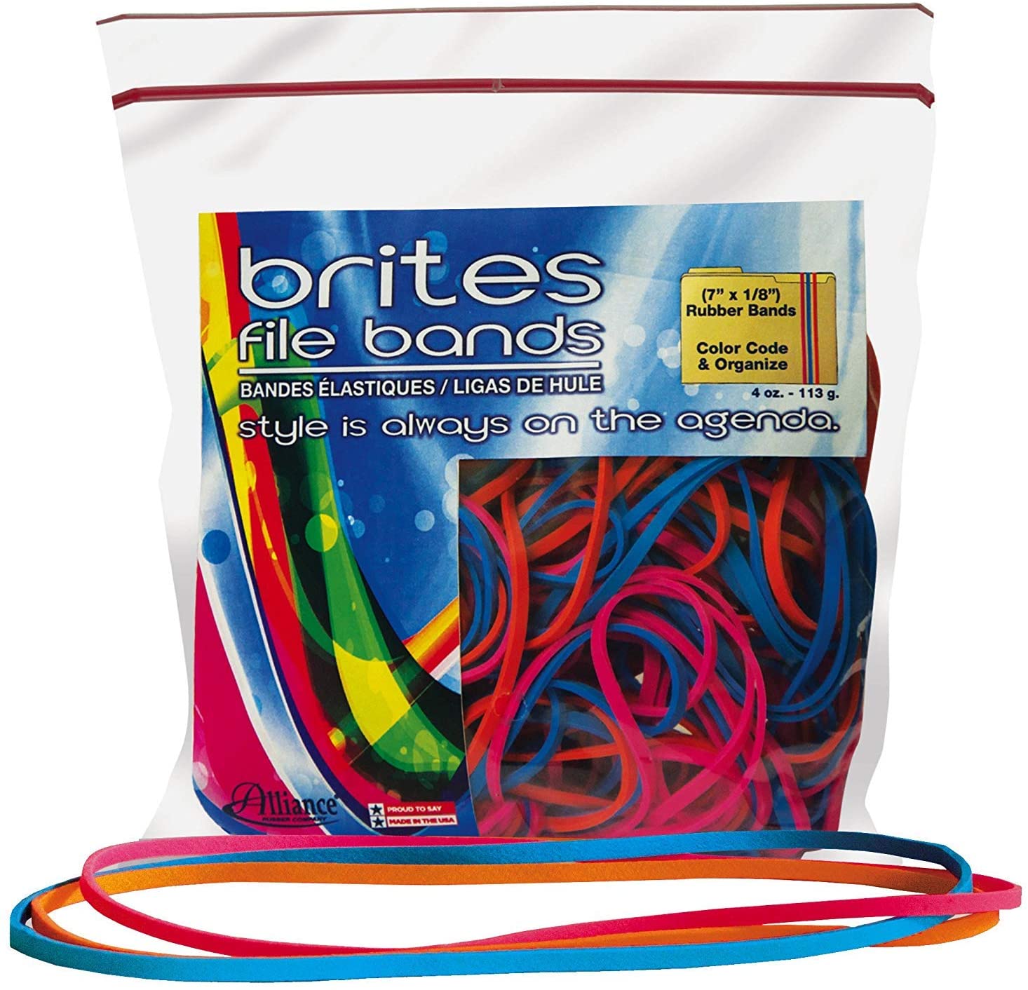''Alliance RUBBER 07800 Non-Latex Brites File BANDS, Colored Elastic BANDS, 200-Count (7'''' x 1/8'''', A