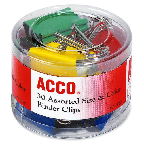 ''Binder Clip Assortment, 30 PIECES, 3 Sizes: 1/2'''', 3/4'''', 1-1/2'''', Asst. Colors ACC71130''