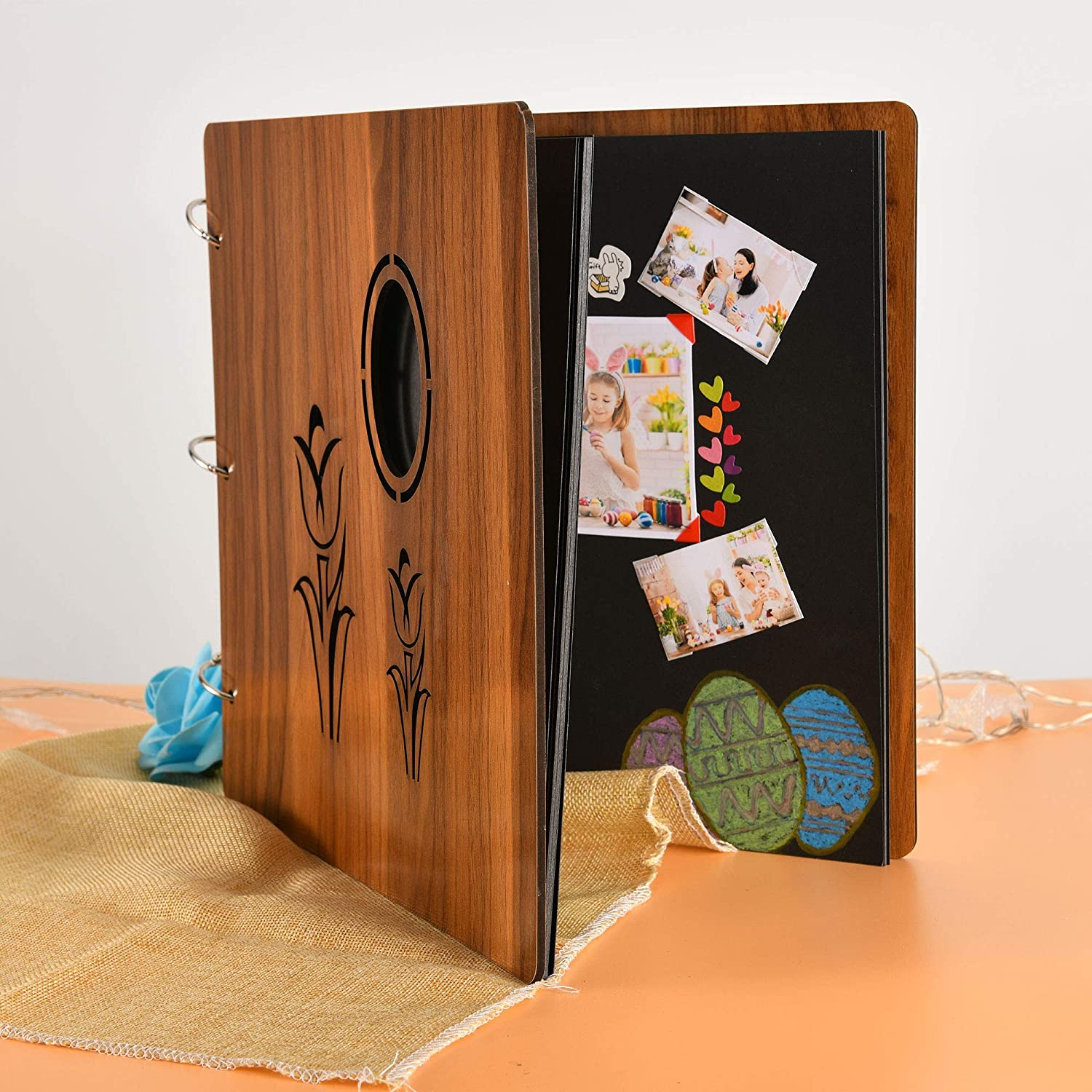 ''Tulip 3 RING DIY Wooden Photo Album for 4x6 Photos | 30 Pages of Adventure Book Holds 500 Photos | 