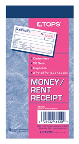''TOPS Money Receipt BOOK, 2-Part, Carbonless, 2 5/8 x 5 3/8 Inches, 50 Sheets, White and Canary, (46