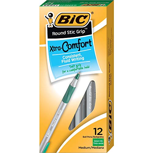 ''BIC : Ultra Round Stic Grip PEN, Translucent Barrel, Green Ink, Medium Pt, 1.2 mm -:- Sold as Dozen