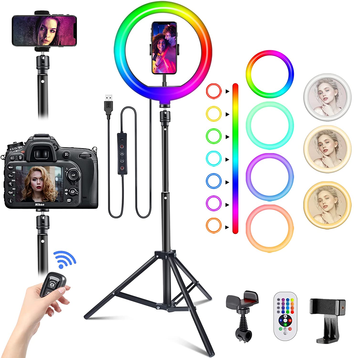 ''Selfile RING Light with Tripod Stand, 10'''' LED Light Stand with RGB Color Remote Control, Camera Re