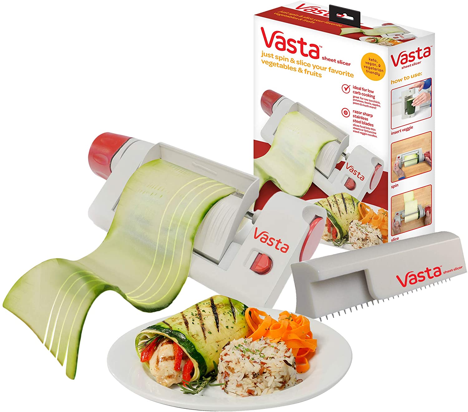 ''Vasta 2-in-1 Vegetable & Fruit SHEET & Noodle Slicer ? BPA-Free, Stores Away Easily- Create Low Car
