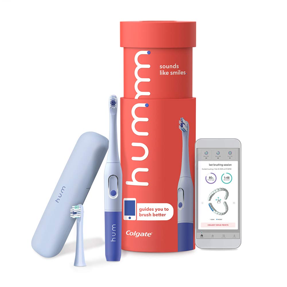''hum by Colgate Smart BATTERY Toothbrush Kit, Sonic Toothbrush Handle with 2 Refill Heads and Travel