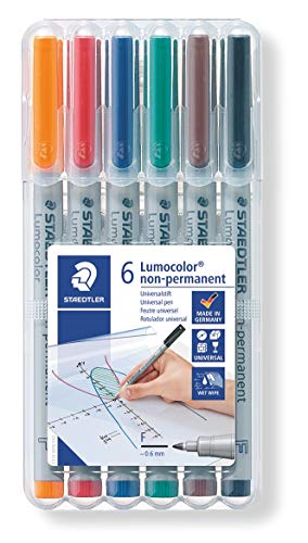 ''Staedtler Lumograph Non-Permanent Wet Erase Marker PENs, Fine Tip Refillable Colored Markers, 6 Pac