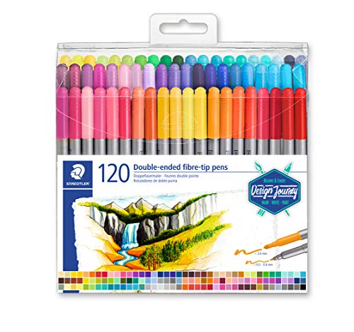 ''STAEDTLER Double-Ended Fiber-Tip PENs, Washable Ink, Fine & Bold Writing and Coloring Tips, 120 Ass