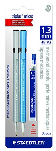 ''Staedtler triplus micro 1.3mm Lead Retractable Mechanical PENCIL with Twist Eraser, 6 refills, 2-Pa