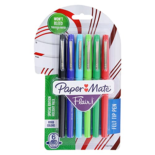 ''Paper Mate Flair Porous-Point Pens, Medium Point, 0.7 mm, Assorted HOLIDAY Ink Colors, Pack Of 6 Pe