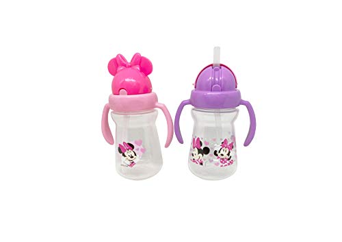 DISNEY Cudlie Minnie Mouse Baby Girl 2 Pack of 6 Oz Sippers Handles Pop Up Straw Character Molded Li