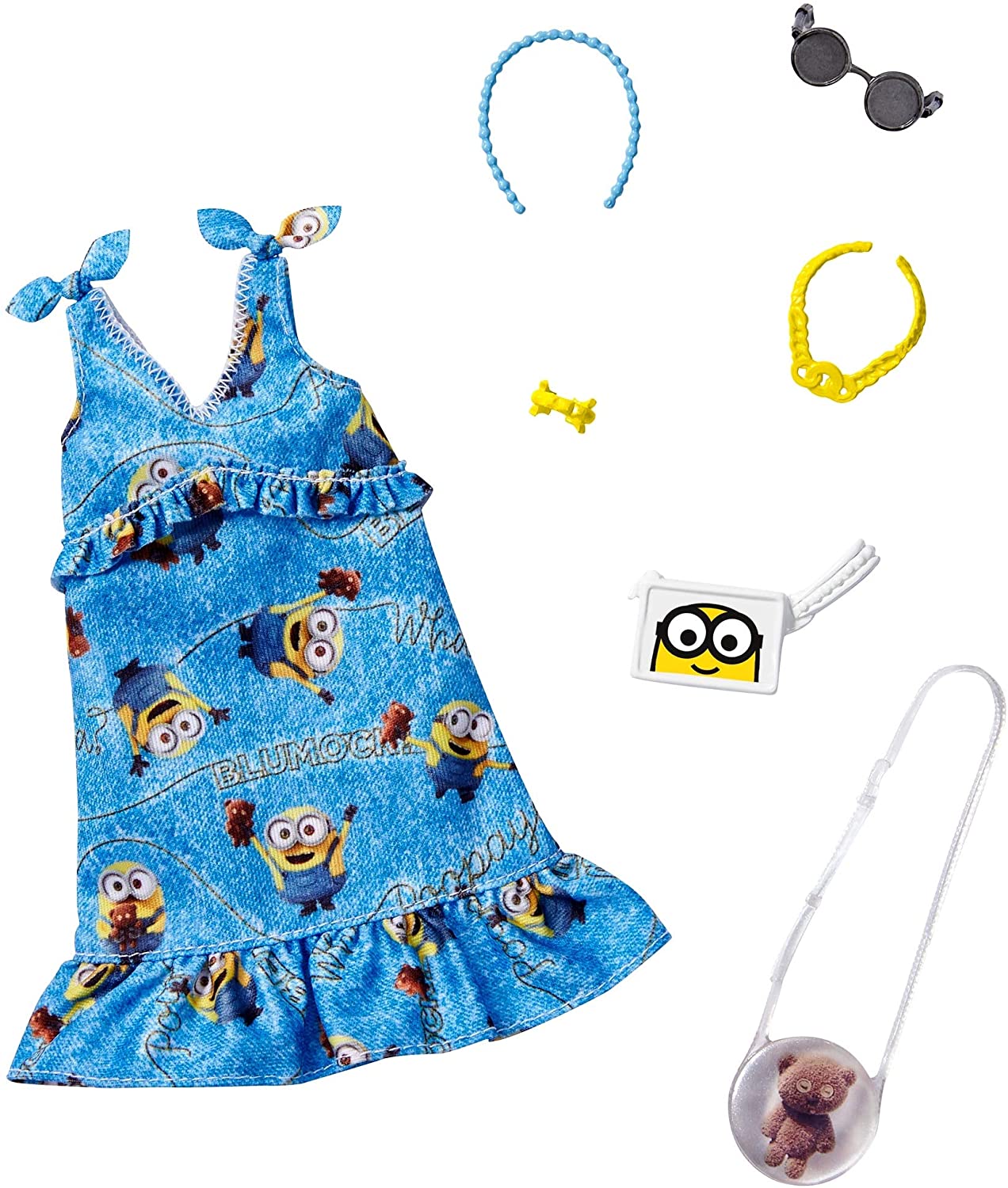 ''Barbie Storytelling Fashion Pack of Doll Clothes Inspired by Minions: Denim DRESS and 6 Accessories