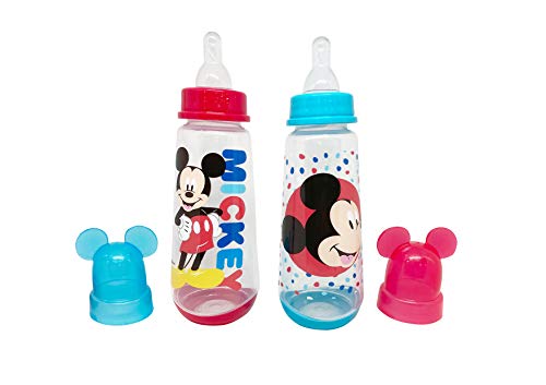 DISNEY Cudlie Mickey Mouse Baby Boy 2 Pack of 9 Oz Bottles with Removeable Character Molded Lid in B