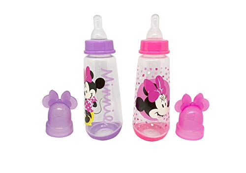DISNEY Cudlie Minnie Mouse Baby Girl 2 Pack of 9 Oz Bottles with Removeable Character Molded Lid in 