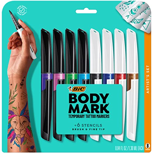 ''BodyMark by BIC Temporary TATTOO Marker, Skin Safe, Mixed Brush Tip & Fine Tip Artist Set, Assorted