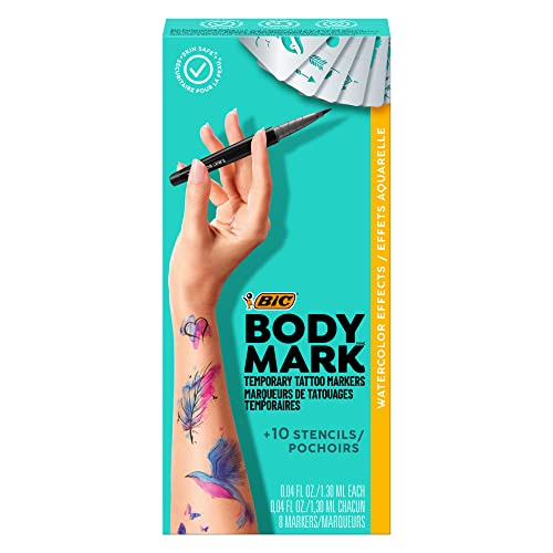''BodyMark by BIC, Temporary TATTOO Marker, Watercolor Inspiration, Skin Safe, Brush Tip, Assorted Co