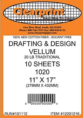 ''Clearprint 1020H Design Vellum SHEETS, 20 lb., 100% Cotton, 24 x 36 Inches, 10 SHEETS Per Pack, Tra