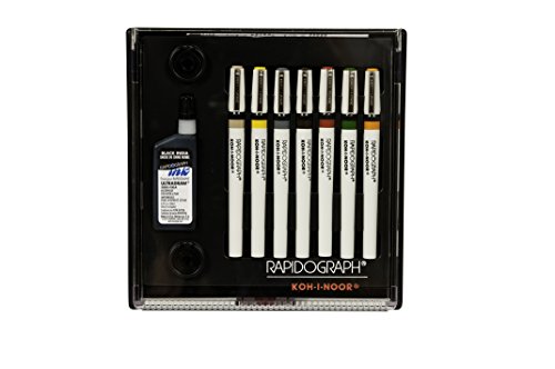''Koh-I-Noor Rapidograph Slim PEN and Ink Set, 7 Assorted PEN Nibs and .75 oz. Bottle of Ultradraw Bl
