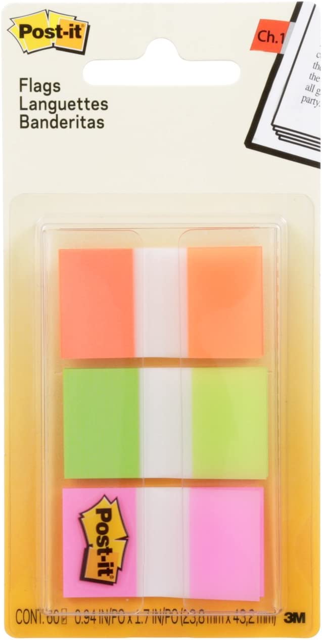 ''Post-it Highlighting FLAGs with On-the-Go Dispenser, Bright Orange, Lime, and Pink, 1-Inch Wide, 60