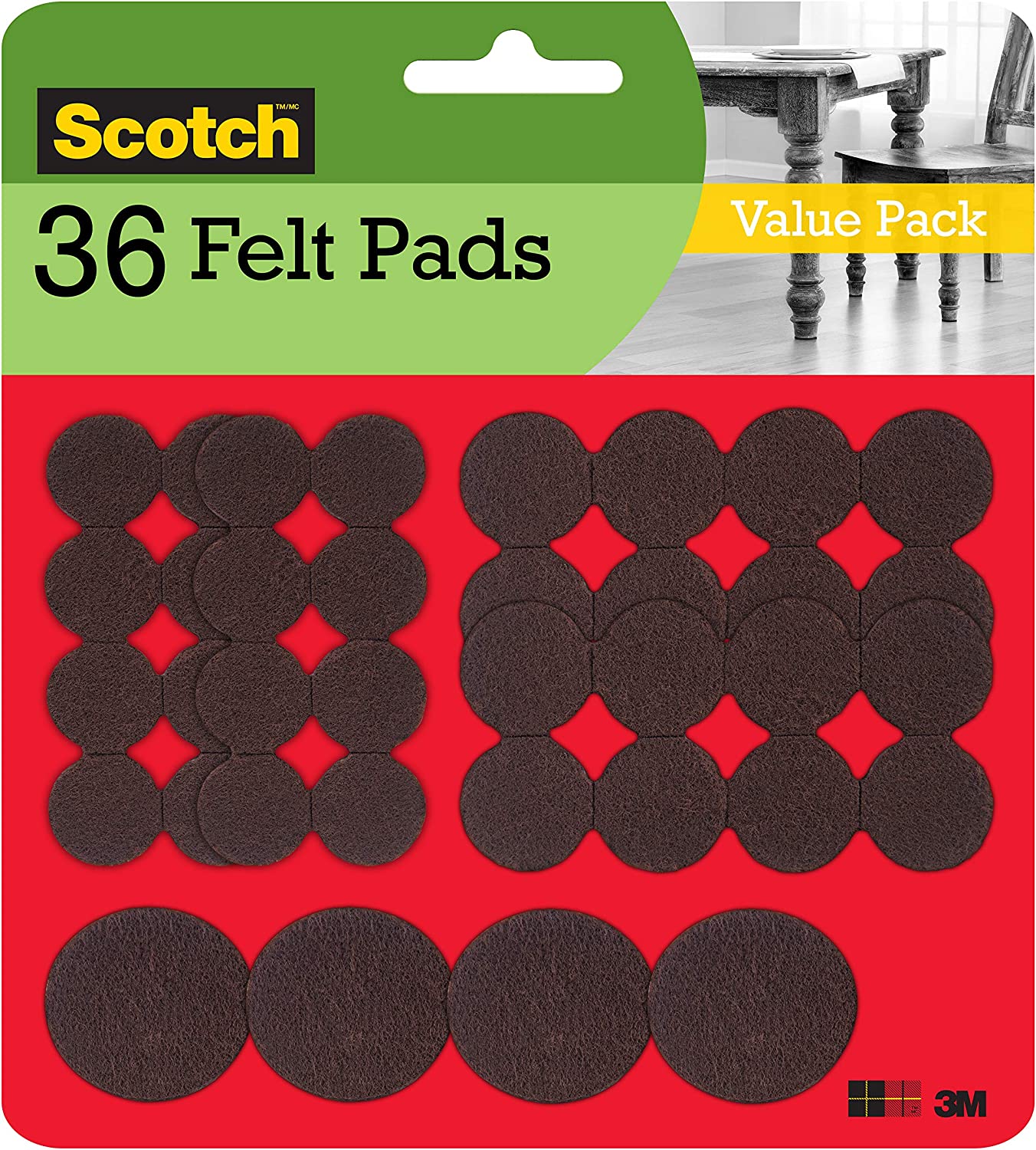 ''Scotch Felt Pads, Felt FURNITURE Pads for Protecting Hardwood Floors, Round, Brown, Assorted Sizes,