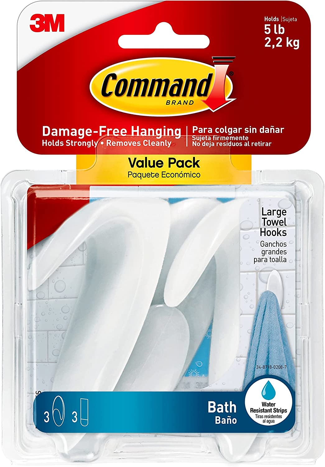 ''Command BATH Large TOWEL Hook Value Pack, Clear Frosted, 3-Large Hooks, 3-Water-Resistant Strips, O