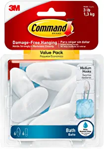 ''Command Bath Medium Hook VALUE Pack, Clear Frosted, 6-Medium Hooks, 6-Water Resistant Strips, Organ