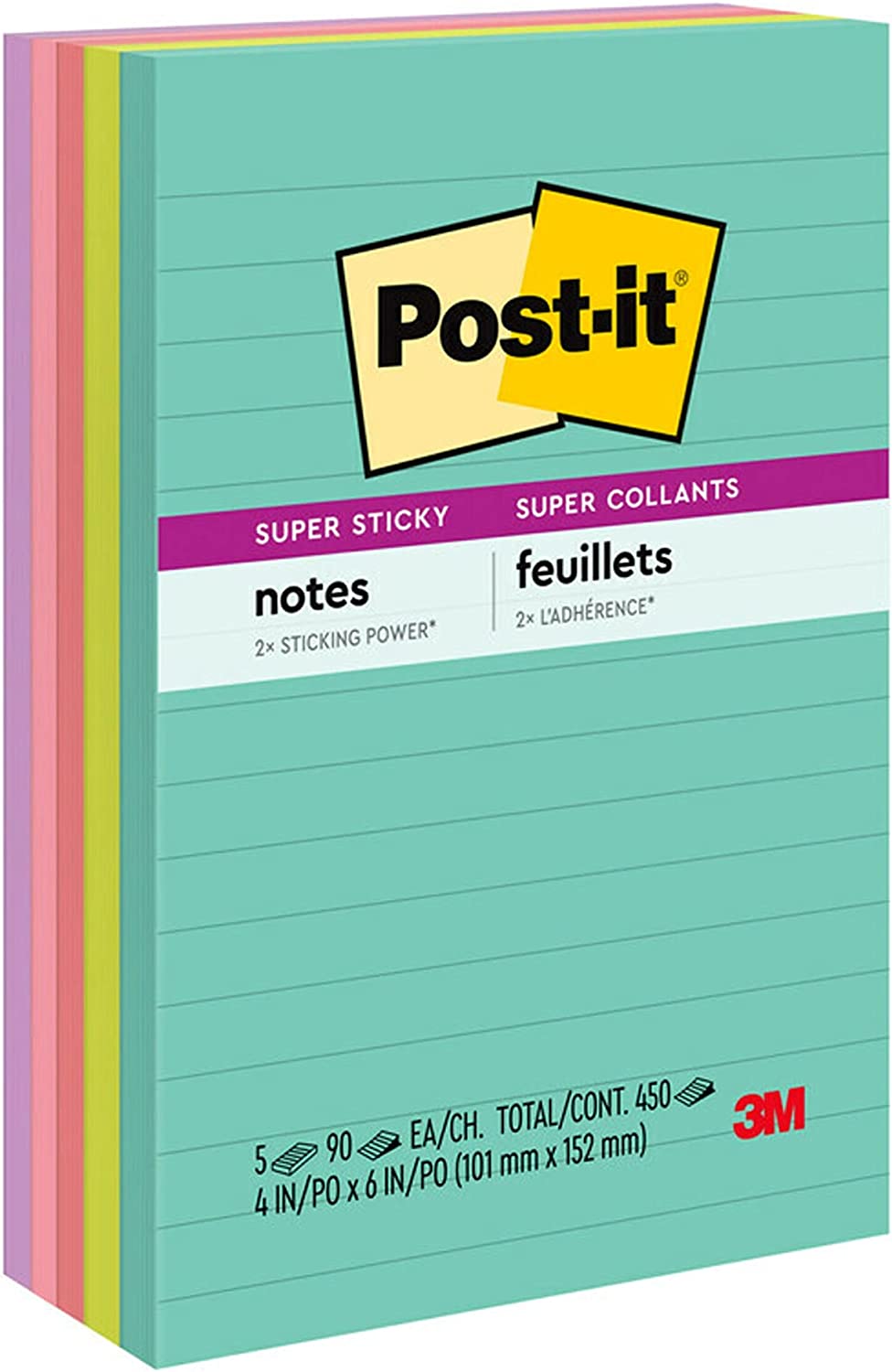 ''POST-IT Super Sticky NOTES, 4x6 in, 5 Pads, 2x the Sticking Power, Supernova Neons, Bright Colors, 