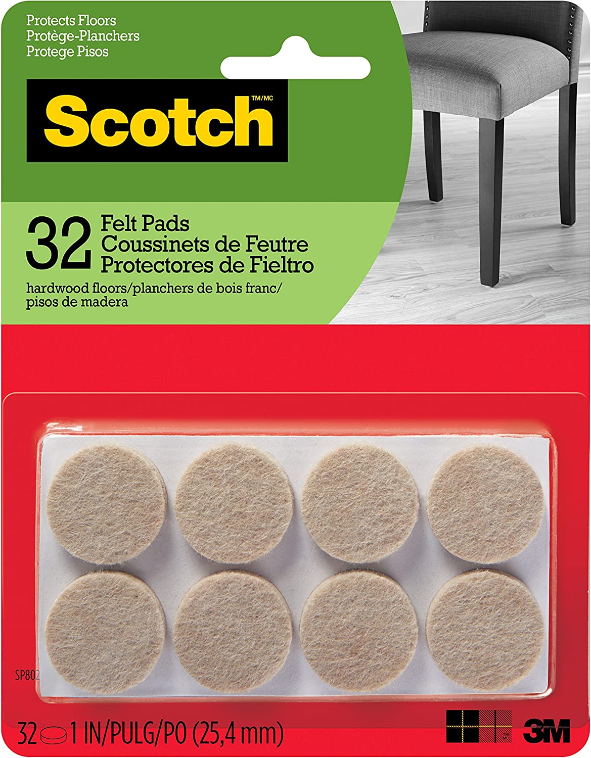 ''Scotch Felt Pads, Felt FURNITURE Pads for Protecting Hardwood Floors, Round, 1 in. Diameter, Beige,