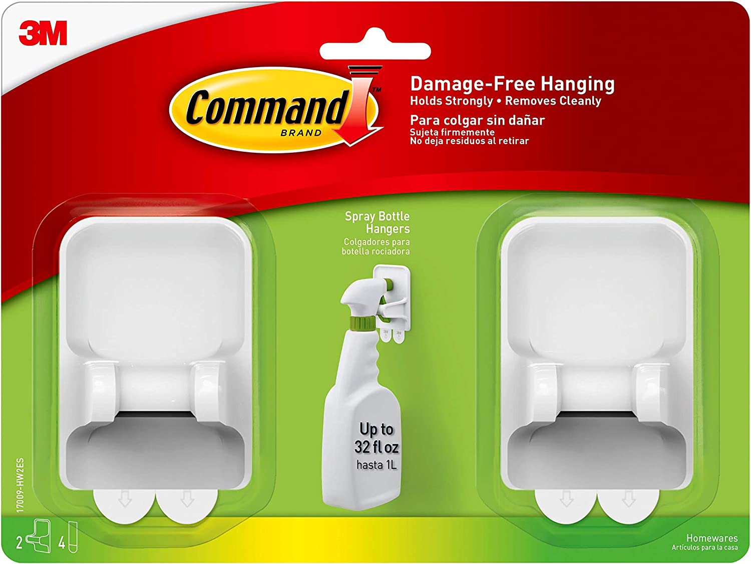 ''Command Spray Bottle HANGERS, White, Holds up to 32 fl oz., 2-HANGERS, 4-Strips, Organize Damage-Fr