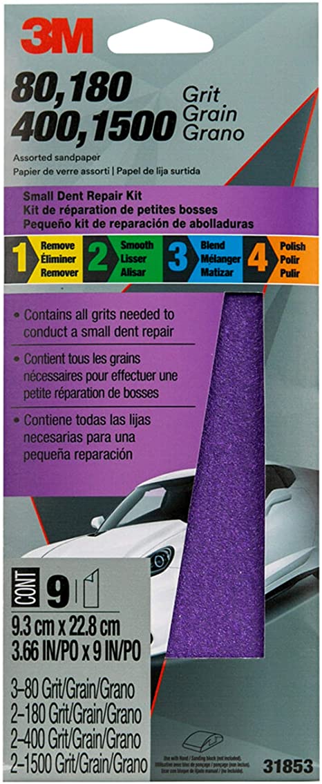 ''3M Auto Small Dent Repair Sanding Kit w/ 80, 180, 400, and 1500 Grit SHEETS, 3 2/3 in x 9 in, 9 She