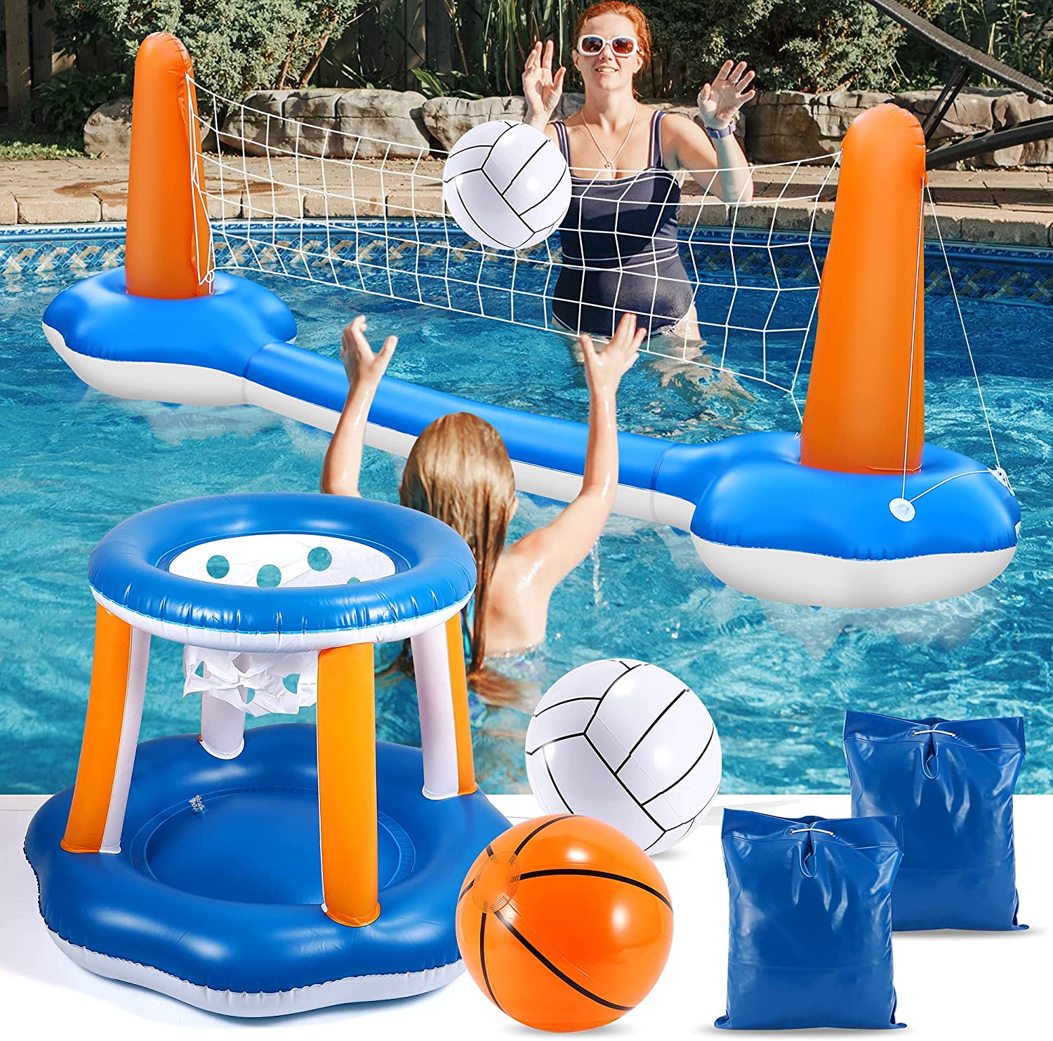 ''FiGoal Inflatable Pool Float Set VOLLEYBALL Net & Basketball Hoops Outdoor Decorations, Pool Essent