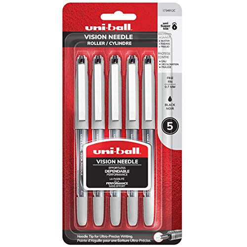 ''uni-ball Vision Needle Rollerball PENs Fine Point, 0.7mm, Black, 5 Pack''