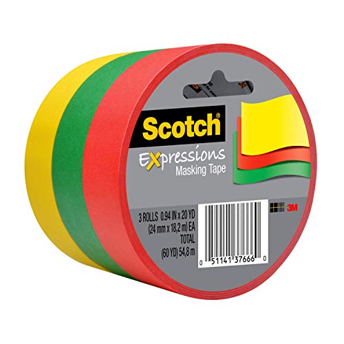 ''Scotch Expressions Masking TAPE.94 in x 20 yd, 3 Rolls/Pack, Red, Yellow, Green (3437-3PRM)''