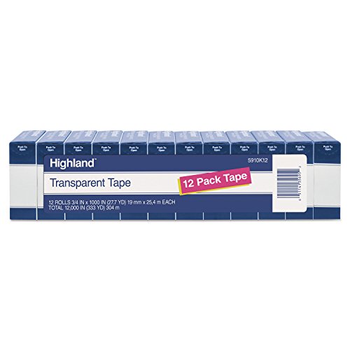 ''Highland Transparent TAPE, 3/4'''' x 1000'''', 1'''' Core, Clear, 12/Pack (5910K12)''