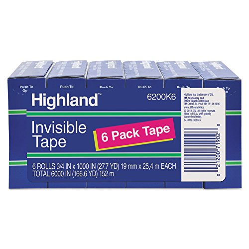 ''Highland 6200K6 Invisible Permanent Mending TAPE, 3/4-Inch x 1000-Inch, 1-Inch Core, Clear, 6/Pack''
