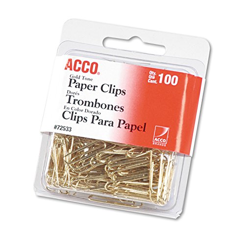 ''ACCO 72533 Paper Clips, Metal Wire, 2, 1 1/8-Inch, GOLD Tone, 100/Box''