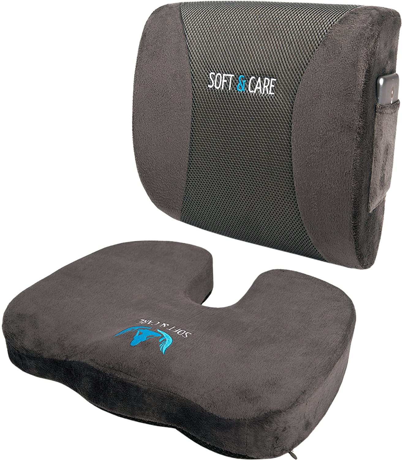 ''SOFTaCARE Seat Cushion Coccyx Orthopedic Memory Foam and Lumbar Support PILLOW, Set of 2, Dark Grey