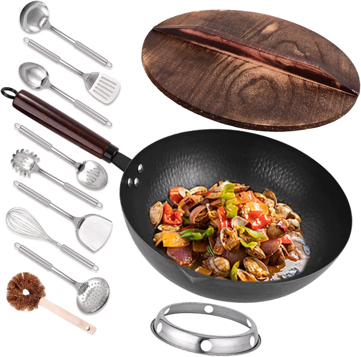 ''12.8''''Carbon Steel Wok - 11Pcs Woks and Stir Fry Pans with Wooden Handle and Lid,10 COOKWARE Access