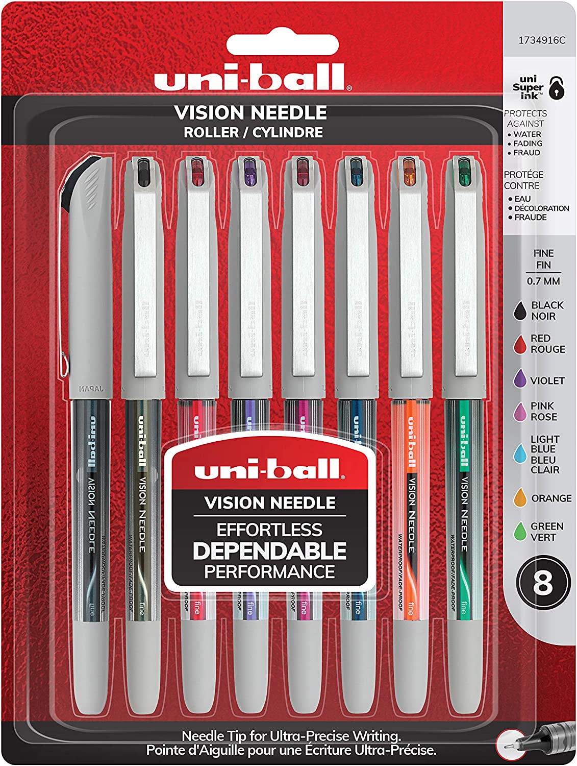 ''uni-ball Vision Needle Rollerball PEN 8 Pack with Assorted Colors and 0.7mm Fine Point Tips, Uni-Su