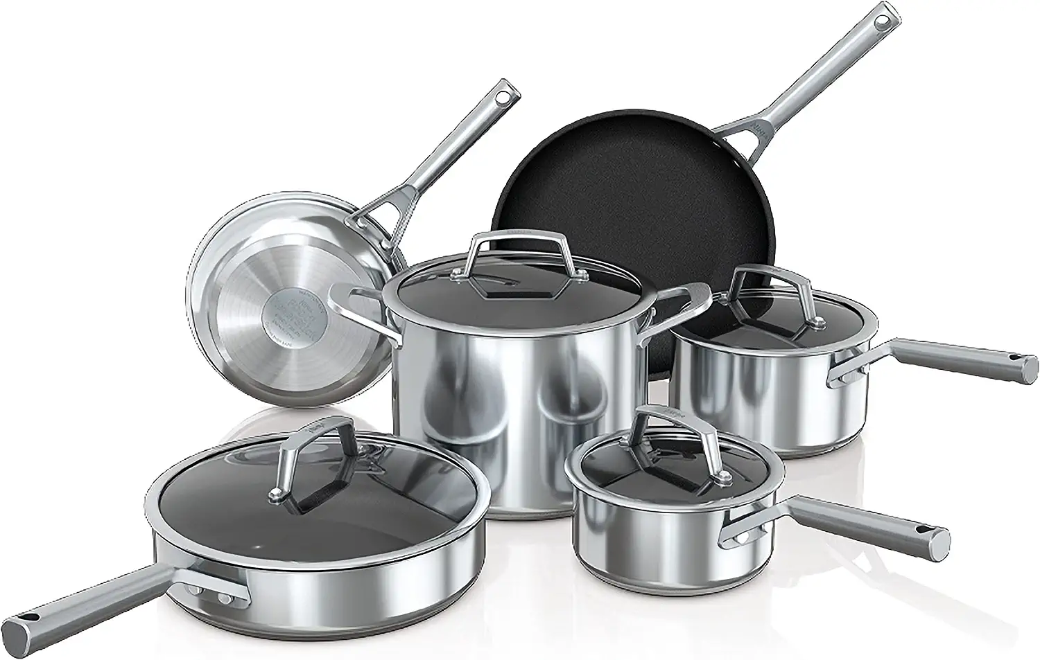 ''Ninja C69500 Foodi NeverStick Stainless 10-Piece COOKWARE Set with Glass Lids, Polished Stainless-S